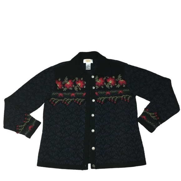 𝅺Vtg TALBOTS Holiday Lambswool Blend Embroidered Cardigan Sweater 34” Bust - Picture 8 of 14